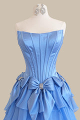Elegant Blue Satin Corset Ball Gown Prom Dress with Layered Ruffles