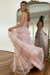 Elegant Blush Pink Sweethear Lace Up Tiered Tulle Prom Dress with Sparkle