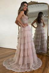 Elegant Blush Pink Sweethear Lace Up Tiered Tulle Prom Dress with Sparkle
