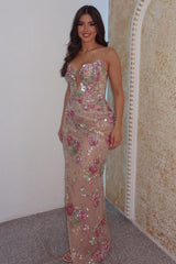 Elegant Champagne Strapless Floral Sequin Prom Gown with 3D Embroidery
