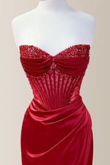 Elegant Dusty Blue Strapless Long Mermaid Satin Prom Dress With Beading