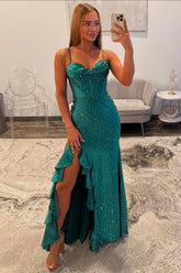 Elegant Emerald Green Spaghetti Straps Sparkly Prom Dress with High Slit