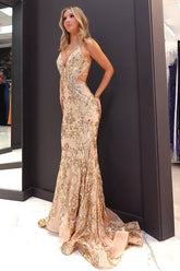 Elegant Gold Embellished Mermaid Prom Gown with Strappy Open Back