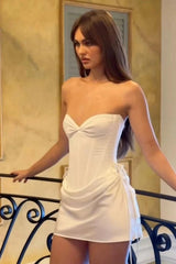Elegant Ivory Satin Mini Dress with Corset-Inspired Bodice and Ruched Bust