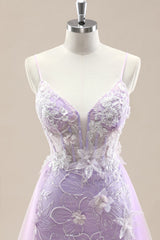 Elegant Lavender Floral Lace Gown Spaghetti Straps and a Tulle Overskirt for Prom