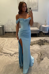Elegant Light Blue 3D Roses Off Shoulder Ruched Satin Prom Dress with Slit