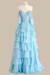 Elegant Light Blue Sweetheart Corset Prom Gown Featuring a Layered Ruffle Skirt