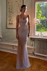 Elegant Light Champagne Sparkly Sequin Bodycon Spaghetti Strap Prom Gown