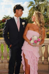Elegant Light Pink Strapless Sheath Prom Dress with Cascading Ruffles