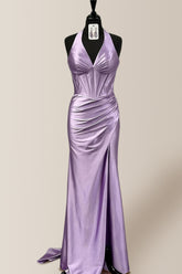 Elegant Lilac Halter Mermaid Satin Prom Dress with Ruched Bodice & Thigh-High Slit