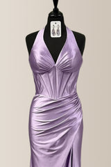 Elegant Lilac Halter Mermaid Satin Prom Dress with Ruched Bodice & Thigh-High Slit