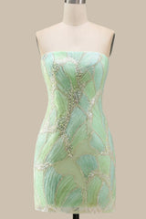 Elegant Mint Green Strapless Short Homecoming Dress with Beaded Leaf Appliques