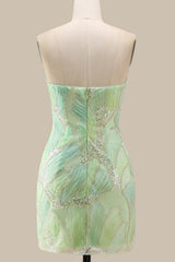 Elegant Mint Green Strapless Short Homecoming Dress with Beaded Leaf Appliques