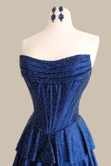 Elegant Navy Blue Strapless Prom Dress with Corset Bodice and Sparkle Beading