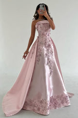 Luxurious A-Line Strapless Satin Pink Party Dress with Court Train Appliques