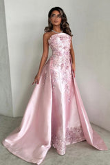 Luxurious A-Line Strapless Satin Pink Party Dress with Court Train Appliques