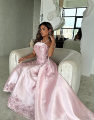 Luxurious A-Line Strapless Satin Pink Party Dress with Court Train Appliques