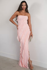 Elegant Pink Strapless Cascading Ruffle Long Prom Evening Dress