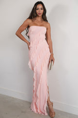 Elegant Pink Strapless Cascading Ruffle Long Prom Evening Dress