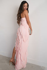 Elegant Pink Strapless Cascading Ruffle Long Prom Evening Dress