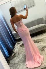 Elegant Pink Sweetheart Mermaid Corset Beaded Prom Dress with High Slit