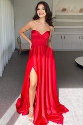 Elegant Red Sweetheart Satin A-Line Prom Dress with High Leg Slit