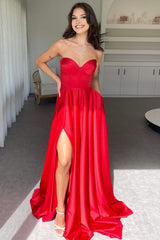 Elegant Red Sweetheart Satin A-Line Prom Dress with High Leg Slit