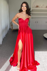 Elegant Red Sweetheart Satin A-Line Prom Dress with High Leg Slit