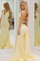 Elegant Mermaid Prom Dress in Satin with Spaghetti Straps and Deep V Neck
