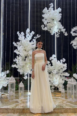 Elegant Strapless A-Line Chiffon Long Prom Dress with Scarf Detail