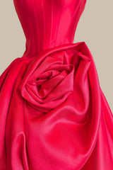 Elegant Strapless Corset Prom Dress with Statement Floral Accent and Voluminous Ball Gown Skirt