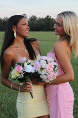 Elegant Strapless Yellow Ruched Bodycon Homecoming Dress with Cutout Detail