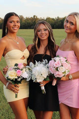 Elegant Strapless Yellow Ruched Bodycon Homecoming Dress with Cutout Detail