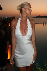 Elegant White Halter Backless Homecoming Dress with Lace Trim