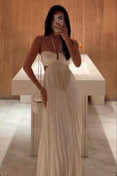 Elegant White Pleated Cutout Halter Maxi Prom Dress
