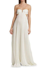 Elegant White Pleated Cutout Halter Maxi Prom Dress