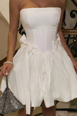 Elegant White Strapless Corset Mini Ball Gown with Voluminous Skirt