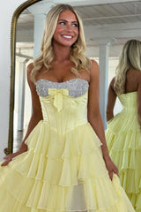 Elegant Yellow A-Line Tiered Ruffle Prom Dress with Sparkling Bodice