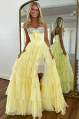 Elegant Yellow A-Line Tiered Ruffle Prom Dress with Sparkling Bodice