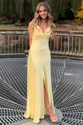 Elegant Yellow V-Neck Keyhole Back Satin Gown with Front Twist