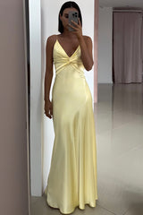Elegant Yellow V-Neck Keyhole Back Satin Gown with Front Twist