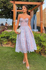 Elegant A-Line Strapless Lace Corset Homecoming Dress with Flowing Skirt