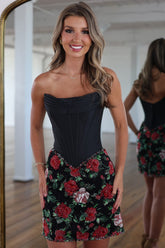 Elegant Black Corset Homecoming Dress with Red Floral Sequin Mini Skirt
