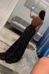 Elegant Black Sparkle Lace Mermaid Prom Dress with Plunge Neck