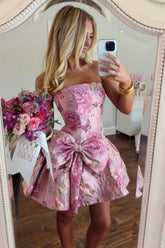 Romantic Strapless Jacquard Homecoming Dress with Side Bow and A Line Mini Skirt