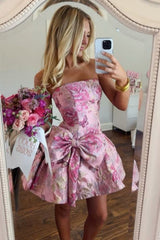 Romantic Strapless Jacquard Homecoming Dress with Side Bow and A Line Mini Skirt