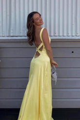 Elegant Yellow V-Neck Backless Satin Prom Gown with Cross Straps