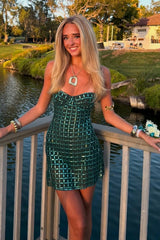 Emerald Green Beaded Homecoming Dress with Fitted Mini Silhouette