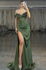 Emerald Off-Shoulder Beaded Corset Prom Dress with High Slit