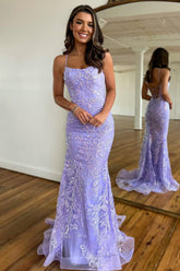 Exquisite Lilac Long Prom Dress with Spaghetti Straps Lace Up Closure and Appliques